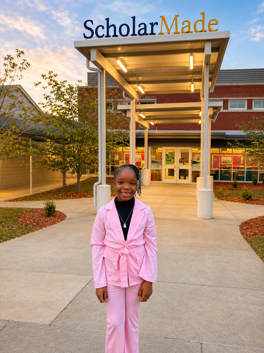 ScholarMade scholar standing in front of the school entrance