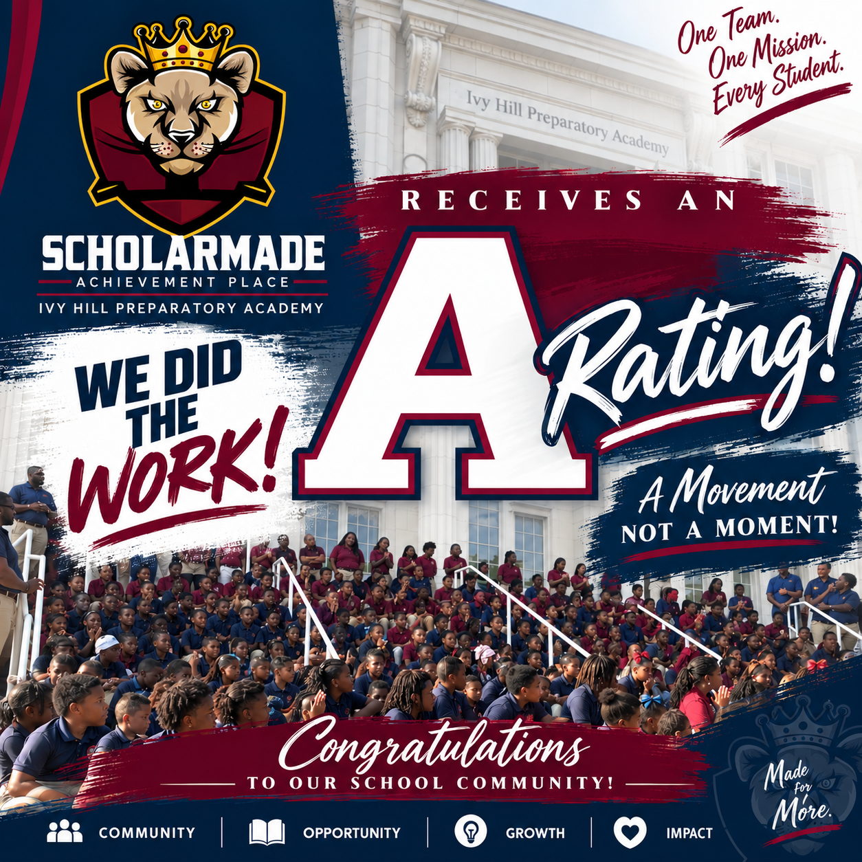 ScholarMade Achievement Place, Ivy Hill Preparatory Academy, receives an A rating. We did the work — a movement, not a moment. Congratulations to our school community.